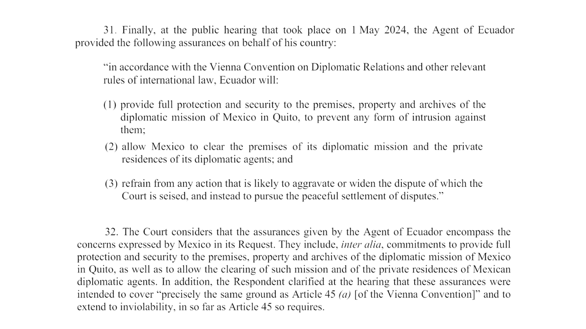 MSanchezMiranda's tweet photo. Following Ecuador's commitment to provide certain assurances, the ICJ issued ruling on provisional measures in the 𝘌𝘮𝘣𝘢𝘴𝘴𝘺 𝘰𝘧 𝘔𝘦𝘹𝘪𝘤𝘰 𝘪𝘯 𝘘𝘶𝘪𝘵𝘰 case. See full order of 23 May 2024 here: https://t.co/pzNzcRByBc https://t.co/mOajRivQmc