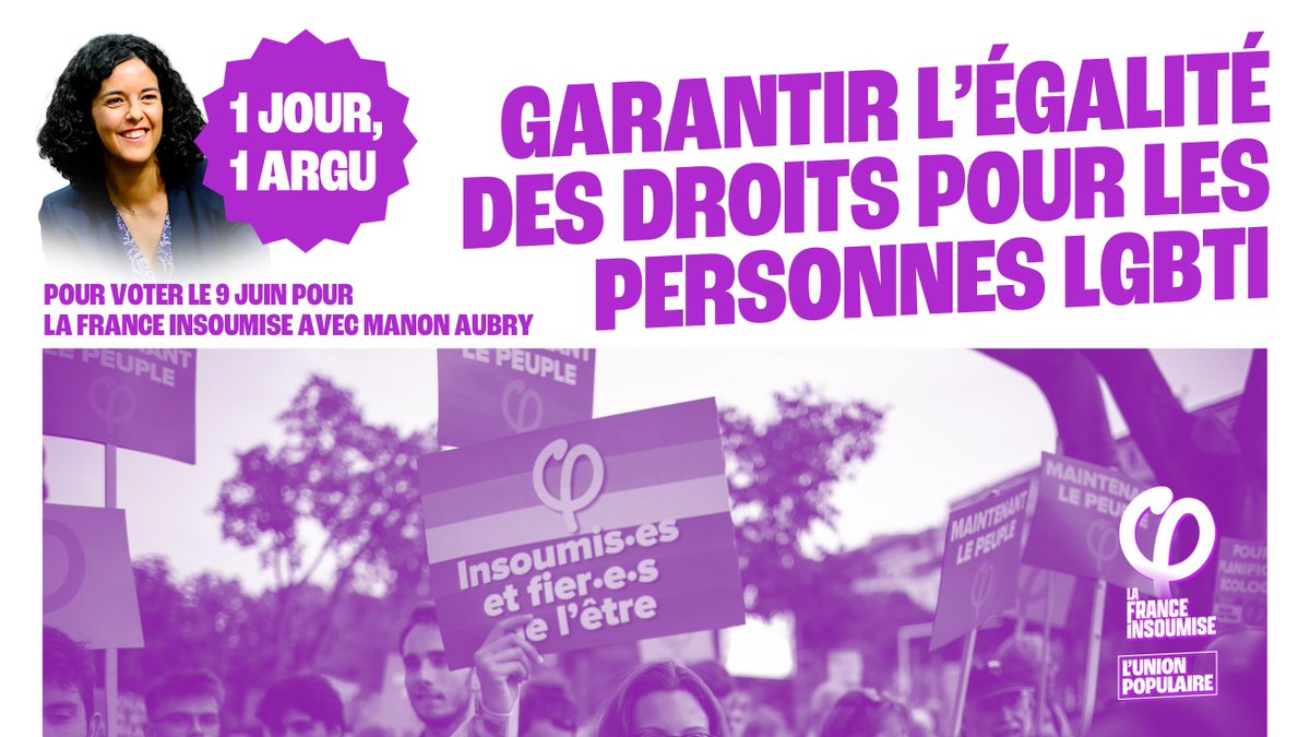 🟣 Un jour, un argument pour voter pour la liste de l'Union populaire aux élections européennes du 9 juin ! ✅ Garantir l'égalité des droits pour les personnes LGBTI ! ➡️ Le 9 juin, donnez-nous la force de tout changer ! #UnionPopulaire