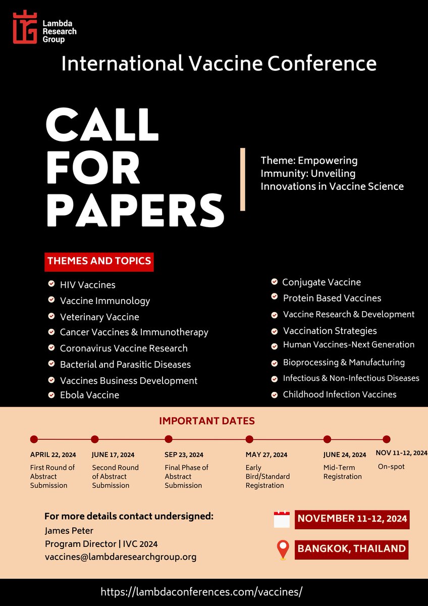 📢 Call for Abstracts: Be a Part of International Vaccine Conference! 🌟
For further information and detailed submission guidelines, visit: lambdaconferences.com/vaccines/

#InfectiousDiseasesconferences #events2024 #ChildhoodInfectionVaccinesconferences #conferences2024
<a href="/lambdaresearchg/">Lambda Research Group</a>