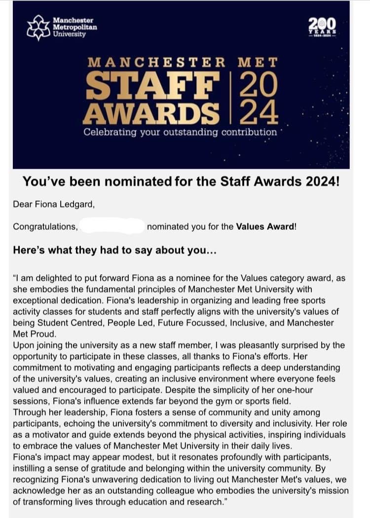 A wonderful surprise to receive this nomination for my Active Campus sessions in the run up to the <a href="/ManMetUni/">Manchester Metropolitan Uni</a> #StaffAwards2024 💪🧡

<a href="/MMUSport/">MMU Sport</a> 
#McrMetProud