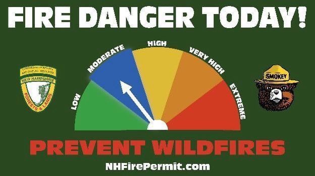 The predicted fire danger for 5/24/24 is MODERATE in FDRAs 1-6 (STATEWIDE). When burning is permitted, visit NHFirepermit.com to get a fire permit.
