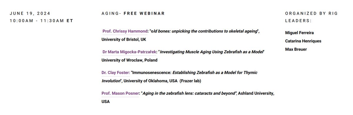 Max Breuer (@zebrafishnerd) on Twitter photo Don’t miss the next <a href="/ZDMSociety/">ZDMSociety</a> #Aging RIG Webinar on June 19th, 2024 at 10am ET!
We have an amazing line-up including Chrissy Hammond, Marta Migocka-Patrzalek, Clay Foster and Mason Posner.
The Webinar will be FREE!!! Please register here…
zdmsociety.org/2024-zdms-rig-…
#Zebrafish Don’t miss the next <a href="/ZDMSociety/">ZDMSociety</a> #Aging RIG Webinar on June 19th, 2024 at 10am ET!
We have an amazing line-up including Chrissy Hammond, Marta Migocka-Patrzalek, Clay Foster and Mason Posner.
The Webinar will be FREE!!! Please register here…
zdmsociety.org/2024-zdms-rig-…
#Zebrafish