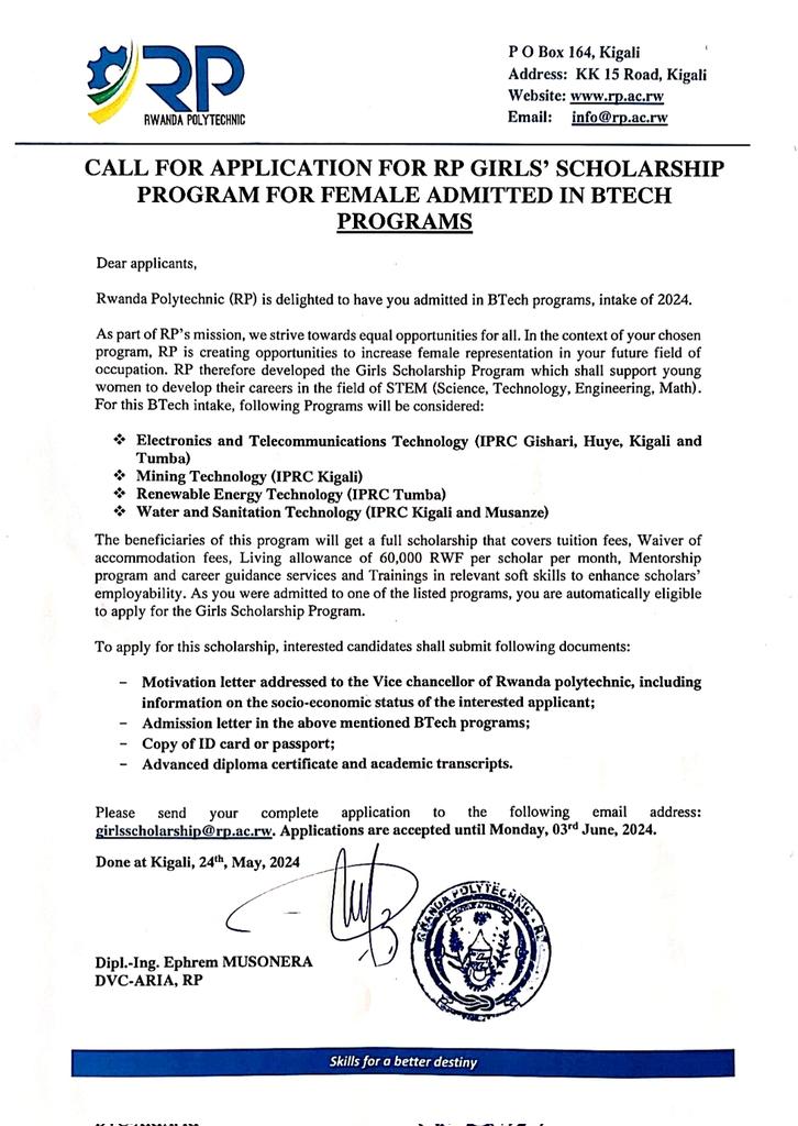 RwandaPolytec's tweet photo. 📌Call for application for RP Girls' scholarship admitted to Bachelor of Technology (BTech) Programs, intake of 2024. Don't miss this important opportunity! https://t.co/N5TvfXhoCa