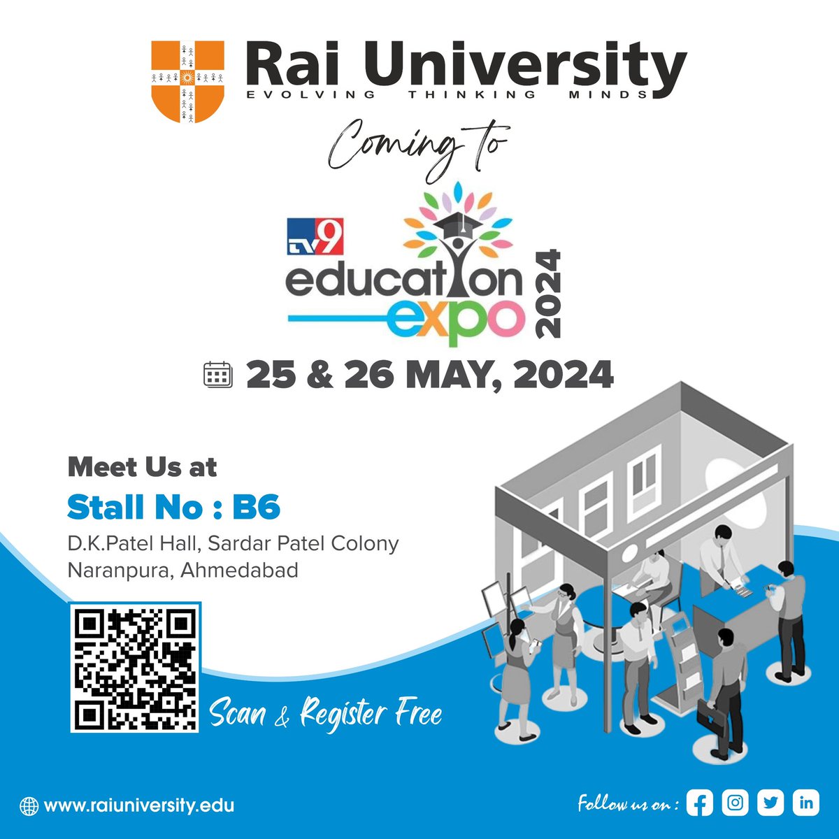 Join us at the Education Expo on May 25-26, 2024! Discover exciting opportunities at Rai University. Visit us at Stall No: B6, D.K.Patel Hall, Sardar Patel Colony, Naranpura, Ahmedabad. #RaiUniversity #EducationExpo2024 #AhmedabadEvents #FutureReady #HigherEducation #Admissions