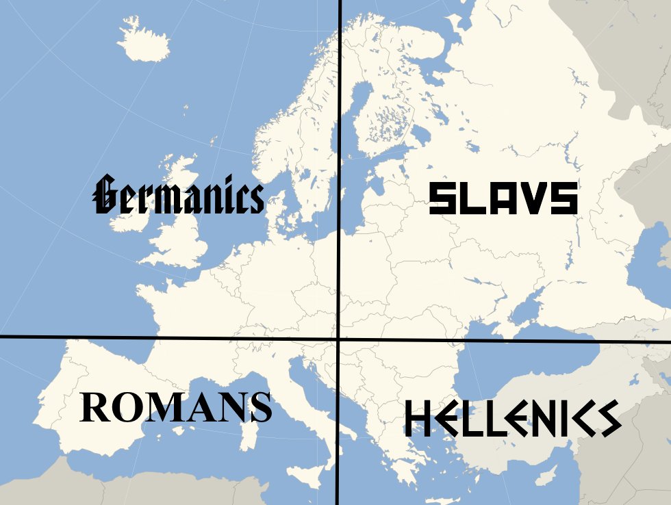 Europe split into 4 regions.