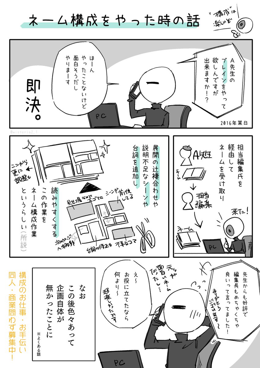 先日ある編集者さんとお話しした際、変わったことしてますね!?と相当驚かれたのが面白かったので昔受けた構成作業の話
※細かいことは差っ引いてるので実際のところはお相手の先生が「原案・作画」、自分は「脚本・構成」という形 