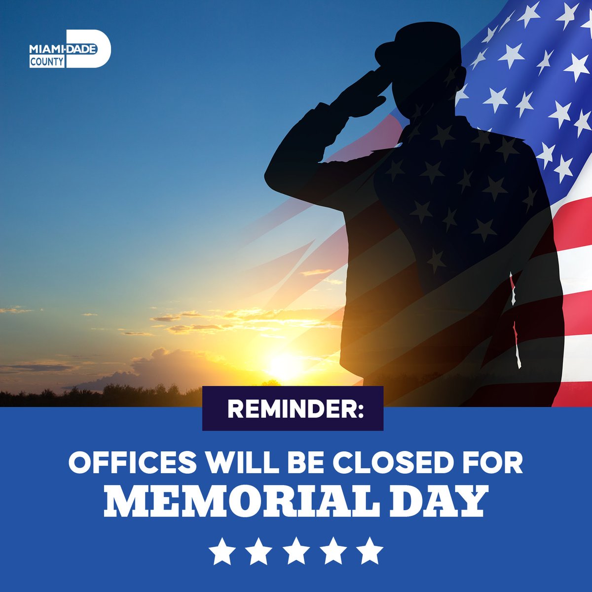 In observance of #MemorialDay, #OurCounty offices will be closed on Monday, May 27. For more information on services, events, and safety tips, visit miamidade.gov/memorial-day-g….