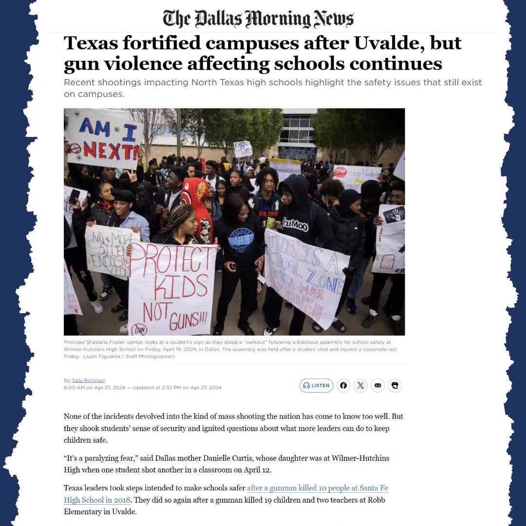 Two years after the tragedy in Uvalde, our 'leaders' have refused to act in a meaningful way to prevent the next school shooting. It's past time that Texas steps up to protect our kids & #TxEd employees. 🔗 Important article from @dallasnews:  dallasnews.com/news/education…