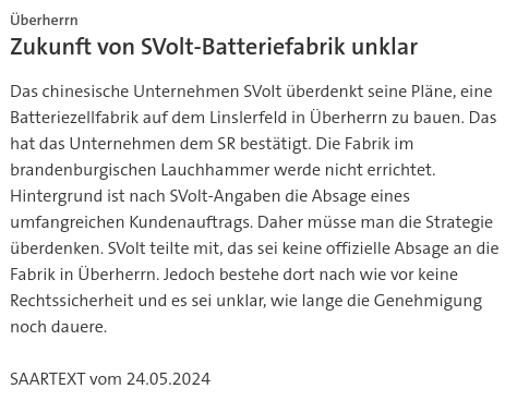 #SKK202405 #SAARTEXT Das chinesische Unternehmen SVolt überdenkt seine Pläne, eine Batteriezellfabrik auf dem Linslerfeld in Überherrn zu bauen | #Saarland #Überherrn #China #SVolt #Strategie #Fabrik