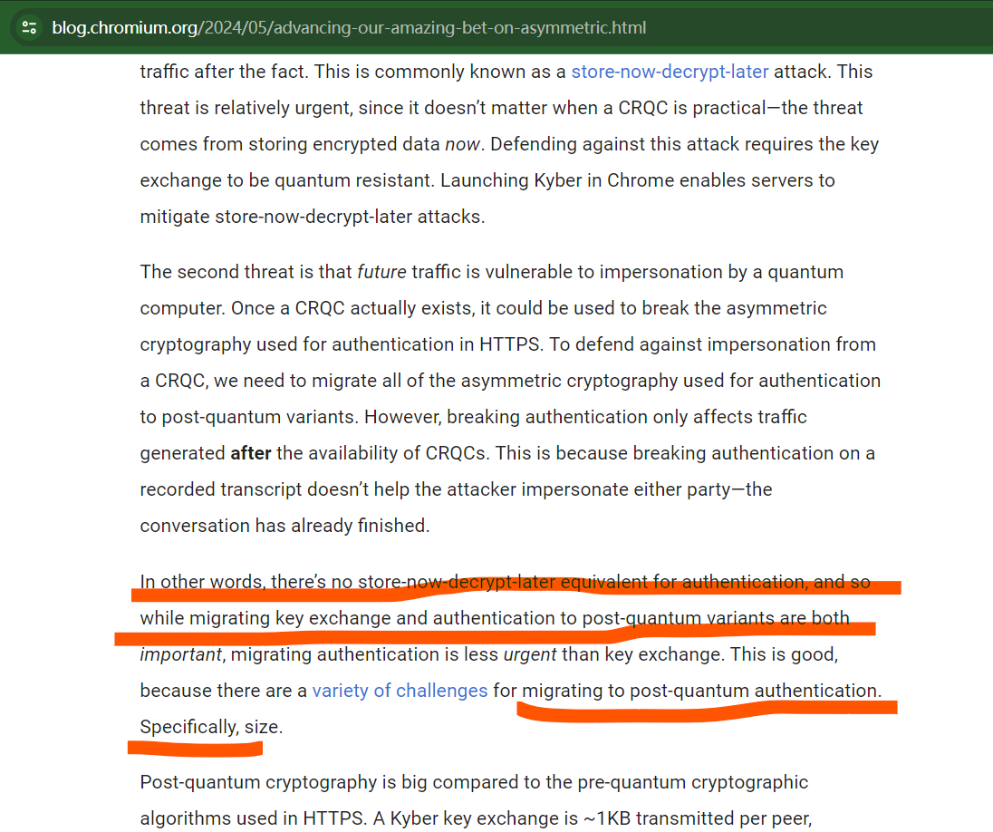 Google and many other organizations, such as NIST, IETF, and NSA, believe that migrating to post-quantum cryptography is important due to the large risk posed by a cryptographically-relevant quantum computer (CRQC). In August, we posted about how Chrome 
blog.chromium.org/2024/05/advanc…