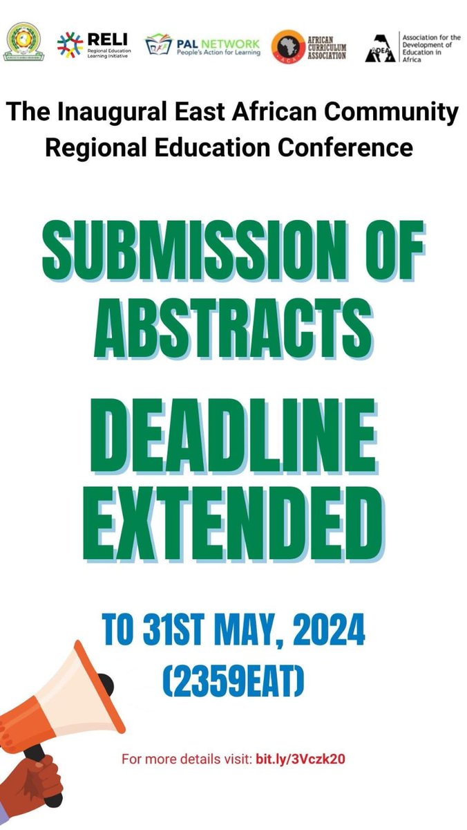 🌟 CALL FOR SUBMISSIONS  

The Inaugural East African Community Regional Education Conference 2024. 

🗓️Submissions deadline: 31/5/2024 
🕛Time: 23:59pm EAT 

🗓️Conference Dates: 12 - 15 August 2024.  
📍Location: Arusha, Tanzania 

More Information:   shorturl.at/vOhKO
