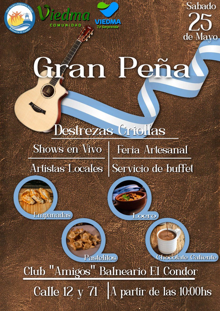 PEÑA, LOCRO, PASTELITOS, CHOCOLATE CALIENTE, Y EMPANADAS PARA CONMEMORAR LA REVOLUCIÓN DE MAYO EN EL CÓNDOR 🇦🇷

Mira todo el cronograma acá acortar.link/jiOuOA

#viedmacomunidad #Viedma #25deMayo #locro #pastelitos