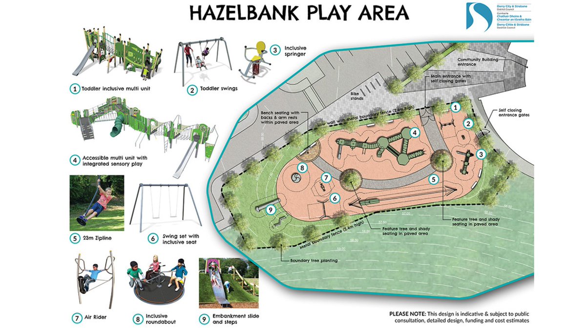 Public and groups encouraged to have their say on Hazelbank Play Plan proposals. We want to hear you views at a consultation event at: 📍Ballymagroaty Community Centre 10am - 1pm 📍St. Eithne's Primary School 6pm-8pm 📅Wednesday 19th June For more info: derrystrabane.com/hazelbank