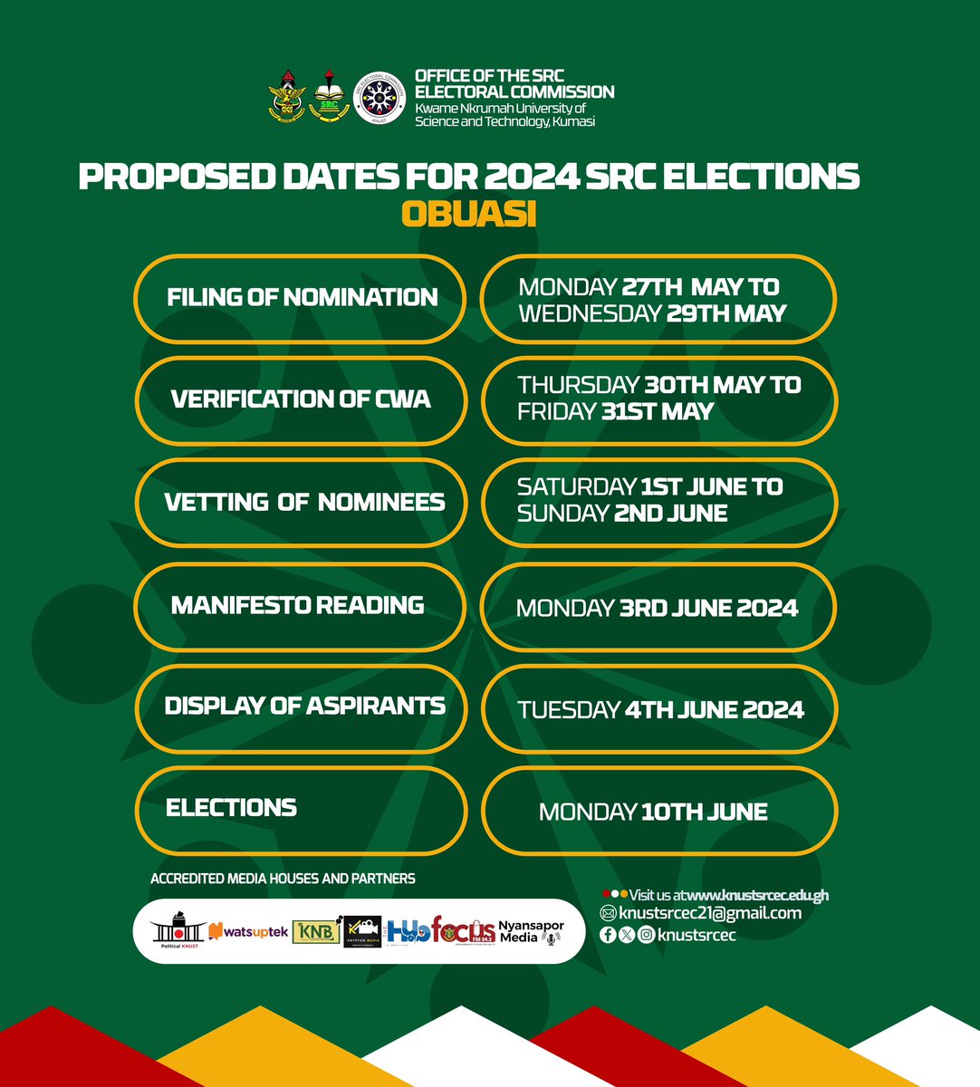 Here are the proposed dates and timelines for the KNUST Obuasi Campus elections. Filing of nomination forms begin on 27th May, 2024 and the Elections take place on Monday, 10th June, 2024. #KNUSTNewsFile
