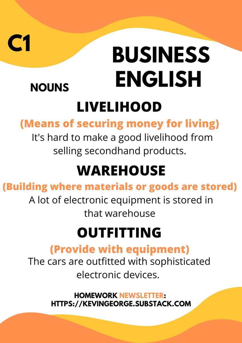 Business English Post 50!
Useful advanced C1 nouns & example sentences 🖊️
From Business English Bits Homework Newsletter📧
See FREE link in bio or comments ⬇️
#vocabulary #LearnEnglish #Englishgrammar #english #LanguageLearning #TOEFL #英語日記 #twinglish #ESL #teachers