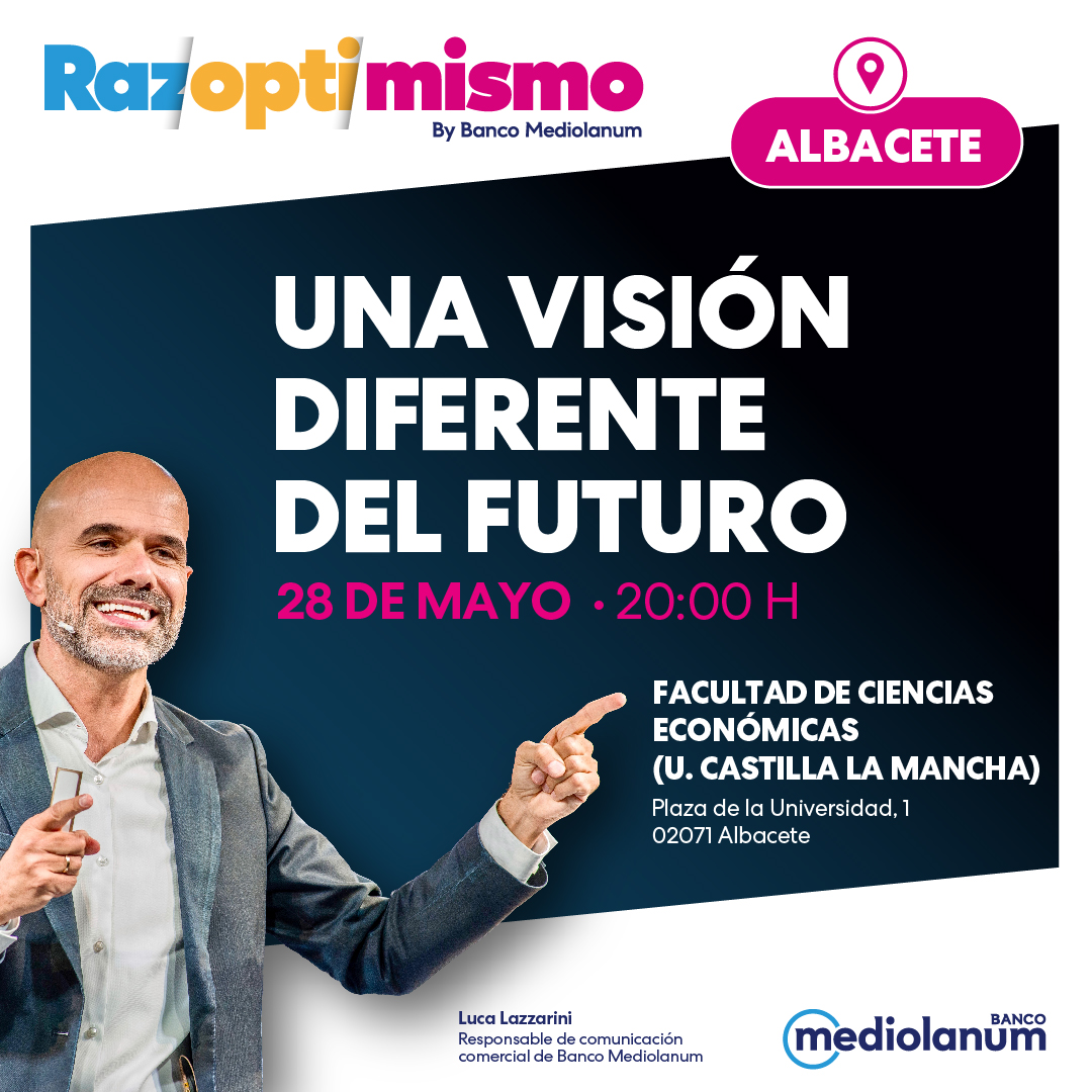 🚀 Nuestra visión positiva llega a Albacete. ¡Contágiate de optimismo con <a href="/LucaLazzarini/">Luca Lazzarini</a> en #Razoptimismo! Escríbenos un mensaje privado para asistir.
📅 28 mayo
📍 Albacete