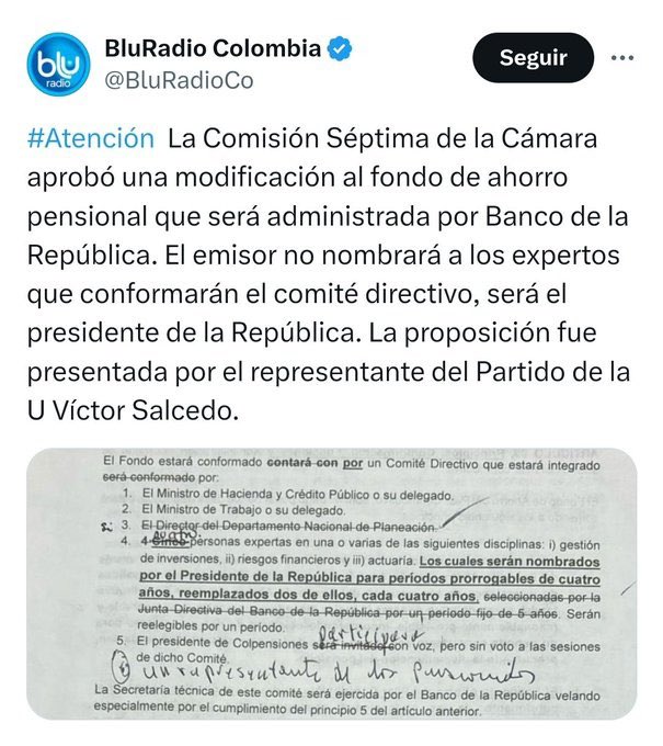 AlvaroGrajalesP's tweet photo. ¿Qué tal el mico que impulsó @partidodelaucol en @CamaraColombia? La ya irresponsable reforma pensional se le suma: Los “expertos” serán nombrados por el presidente y no por @BancoRepublica. El ahorro pensional en manos de personas como Olmedo López. https://t.co/3h2mtktxj4