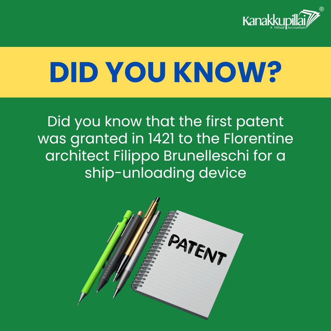 Discover a fascinating historical fact. The first patent was granted in 1421 to Filippo Brunelleschi for a ship-unloading device!🚤 Discover how innovation has been shaping history for centuries!
#DidYouKnow #DidYouKnowThis #didyouknowfacts #patent #patentrights #patenteddesign