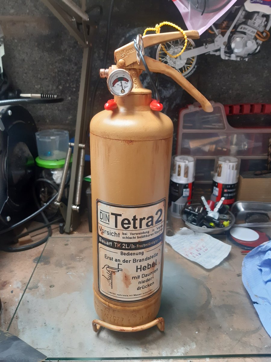 bridge9art's tweet photo. #wehaveways @James1940 @almurray Fire extinguisher for my van, inspired by the WW2 panzer extinguisher. Started with a standard red fire extinguisher. Painted it sand colour and then added some weathering for effect. https://t.co/foE46ZJ4lW