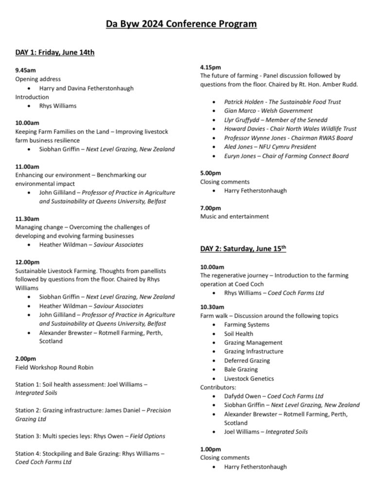 Falch iawn o fod yn cynnal ein 3ydd cynhadledd. Ysbrydoli cynaliadwyedd ariannol, cymdeithasol ac amgylcheddol ffermydd Cymru. Dyma’r rhaglen, dewch yn llu! <a href="/EurynJones/">Euryn Jones</a> <a href="/AledNfu/">Aled Jones NFU Cymru</a> <a href="/RhysLlwydfaen/">Rhys</a> <a href="/DafElfyn/">Dafydd Elfyn Owen</a>