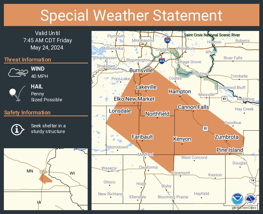 A special weather statement has been issued for Burnsville MN, Lakeville MN and Apple Valley MN until 7:45 AM CDT