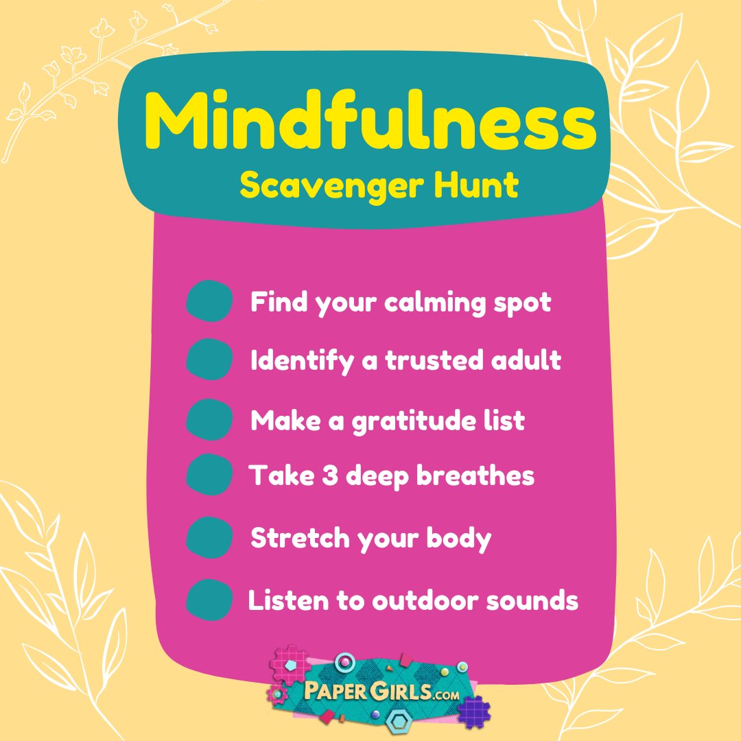 PaperGirlsTV's tweet photo. Today is #NationalScavengerHunt! To celebrate, can you hunt all of the mindfulness clues?
💥For extra mindfulness activities check out our #MiniMeditationsForKids here: https://t.co/OHTEMEyCaI
#PaperGirls #papergirlsshow #papergirlstv #PGTV #MHAM2024 #MHAM24 #NAMI https://t.co/FWxl2wi1c9
