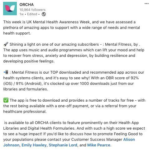 Repost from @OrchaHealth last week about our app 🎉 
Feeling Good is available to all ORCHA clients to feature prominently on their Health App Libraries and Digital Health Formularies. #mentalhealthapp #mentalhealth