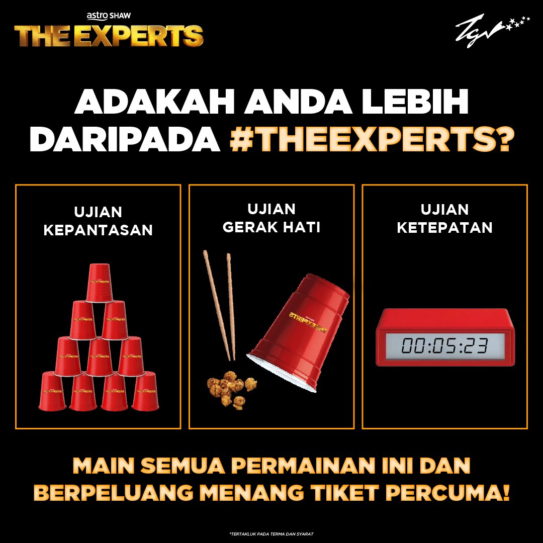 TGVCinemas's tweet photo. Adakah anda #TheExperts yang kami cari? 🤩 

Jom singgah di lokasi TGV terdekat korang dan Expert-rience ujian-ujian yang terpaling mencabar ni 👀 Dapat tiket wayang percuma wooo! 🔥

Jom layan movie ni gais 🎟️ https://t.co/NnYlzOK5Sc 

#TheExpertsMovie #KitakanExperts https://t.co/CDr1bxL0to