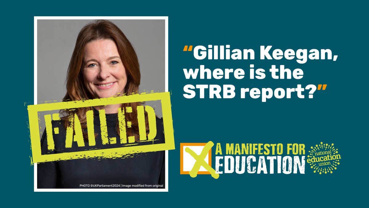.<a href="/GillianKeegan/">Gillian Keegan</a>'s STRB report publication plan: 
1️⃣ Set a deadline. 
2️⃣ Ignore it. 
3️⃣ Repeat.

The complete disregard for school leaders, teachers, and pupils must end. 

Publish the report, Gill!