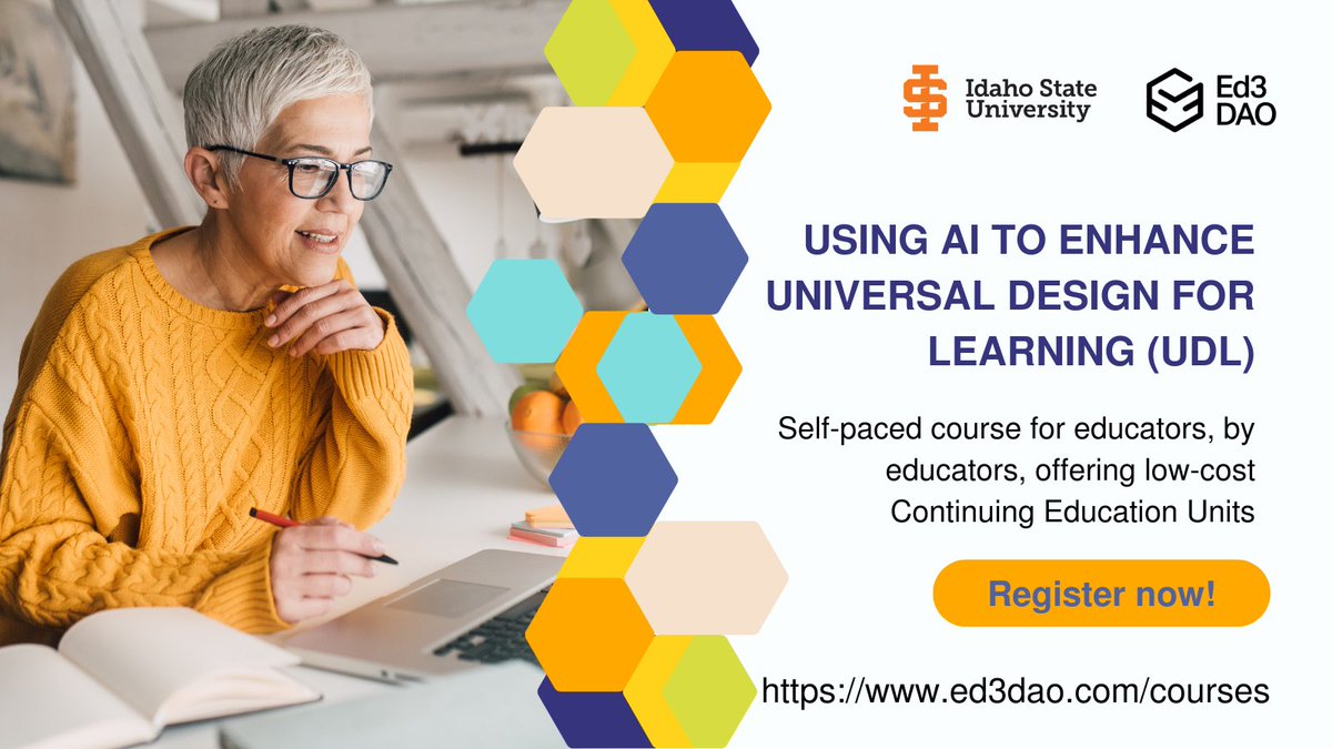Illuminate your teaching journey with AI! Join our course on 'Using AI to Enhance Universal Design for Learning'. Learn how to create engaging, accessible lessons for all students. Earn 3 CEUs, transferable to most states. Don't miss out! #UDL 🔗 ed3dao.com/courses