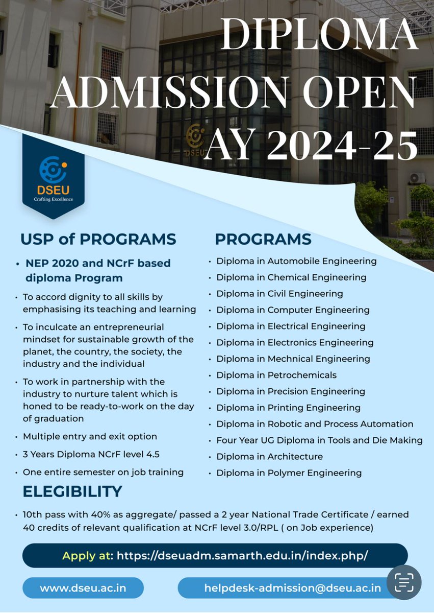#AdmissionAlert

#Registration for #Admission is open for various #Diploma Programs at #DSEU.

Visit: dseuadm.samarth.edu.in/index.php/regi…

#DiplomaAdmissions #College #Admissions #University #UGC #AICTE #DiplomaPrograms #DiplomaCourses