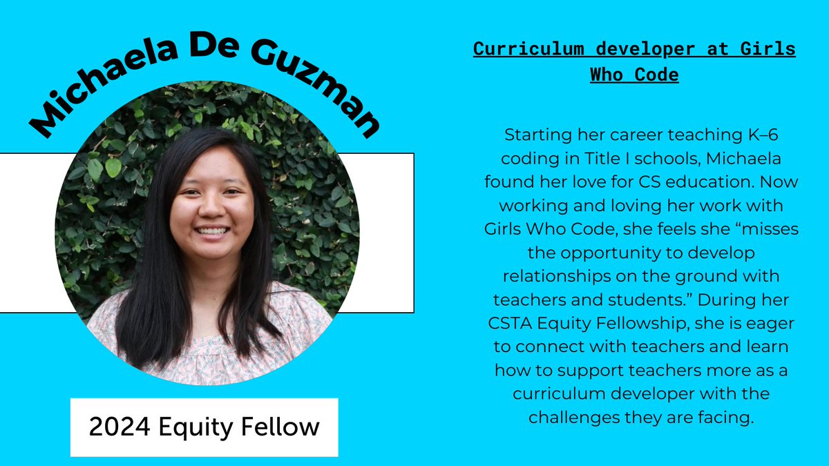 CS Teachers Association (CSTA) (@csteachersorg) on Twitter photo #CSTAEquityFellow Michaela De Guzman gives insight into her work as a curriculum developer for Girls Who Code and how she hopes to support teachers through her time as a CSTA Equity Fellow. Learn more about Michaela’s incredible work here: ow.ly/ZF9g50ROnUz #CSTAEquityFellow Michaela De Guzman gives insight into her work as a curriculum developer for Girls Who Code and how she hopes to support teachers through her time as a CSTA Equity Fellow. Learn more about Michaela’s incredible work here: ow.ly/ZF9g50ROnUz