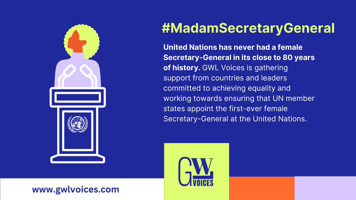 Time for change! 🌐 Despite numerous accomplished and qualified women on the global stage, the @UN has never had a female Secretary-General. It's high time to break the glass ceiling! 💪✨ Let's advocate for #MadamSecretaryGeneral. Learn here: gwlvoices.com/rotation-for-e…