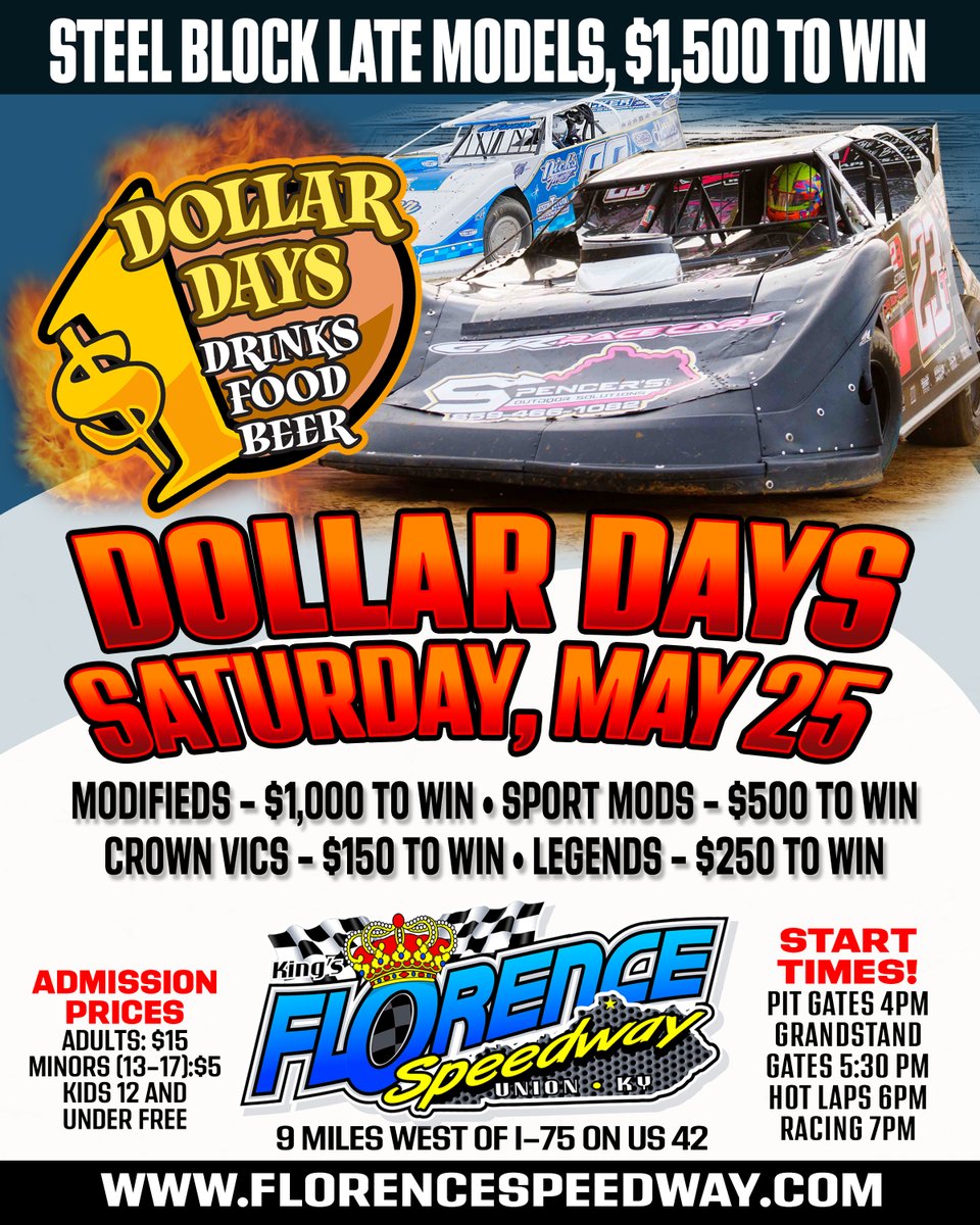 Saturday May 25th is Dollar Days at Florence Speedway! $1 Drinks, $1 Food items, and $1 BEERS! Yes, $1 Beers! Plus a night of dirt track racing featuring the ground-pounding Steel Block Late Models! Tickets are just $15 and Kids 12 and Under are Free!