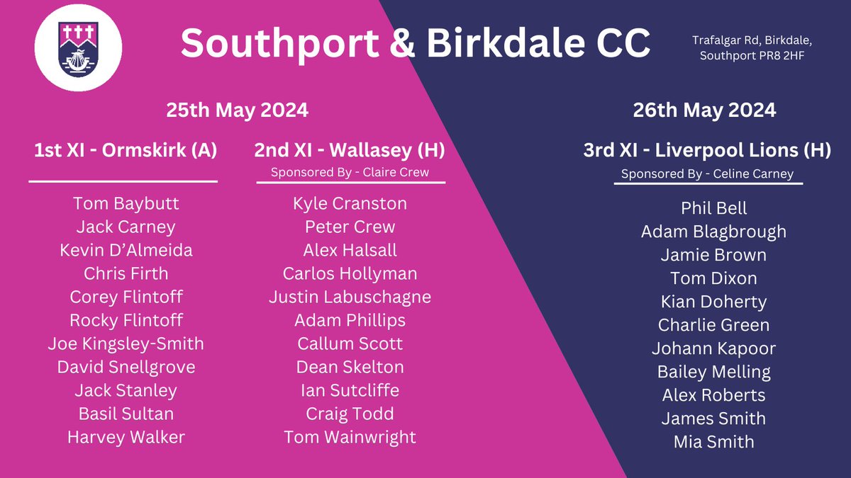 Southport & Birkdale Cricket Club (@snbcc) on Twitter photo The teams are out for this weekend, as the first team travel to <a href="/Ormskirk_CC/">Ormskirk CC</a> during their Beer Festival this weekend, whilst the second and third team attempt to hold down the fort back at Trafalgar Road! 💜💙
Big thank you to this week's sponsors:
<a href="/clairecrew1/">claire crew</a>
<a href="/carney_celine/">Celine Carney</a> The teams are out for this weekend, as the first team travel to <a href="/Ormskirk_CC/">Ormskirk CC</a> during their Beer Festival this weekend, whilst the second and third team attempt to hold down the fort back at Trafalgar Road! 💜💙
Big thank you to this week's sponsors:
<a href="/clairecrew1/">claire crew</a>
<a href="/carney_celine/">Celine Carney</a>