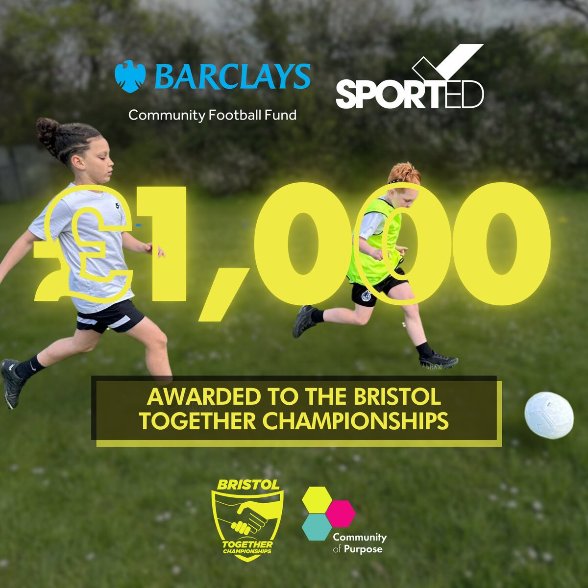 Thank you to @sported_UK and @BarclaysFooty for awarding £1,000 to further the work of the Bristol Together Championships.🙏 With the Euros taking place this summer we’re hopeful this will help increase the number of young people playing the Nations favourite game!⚽