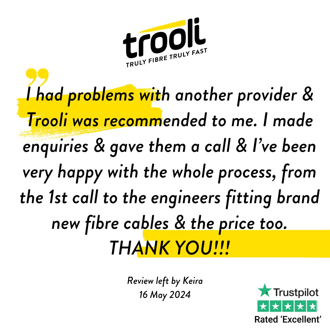 'From the 1st call to installation, I've been very happy!' - Keira
Trooli makes switching internet providers easy and affordable. Just like Keira, you could be enjoying your ultrafast broadband too!
trooli.com

#fttp #feedbackfriday #customertestimonial #fullfibre