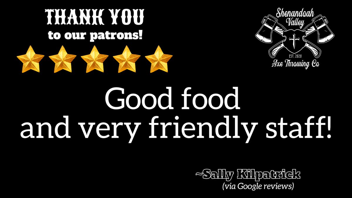 Thank you to our patrons! We really appreciate you taking the time to write a thoughtful review. Here's what some of our customers are saying!
#discoverfrontroyal #axethrowing #shenandoahaxethrowingco #SVAXECO #fivestarreview  #friendlystaff #goodfood