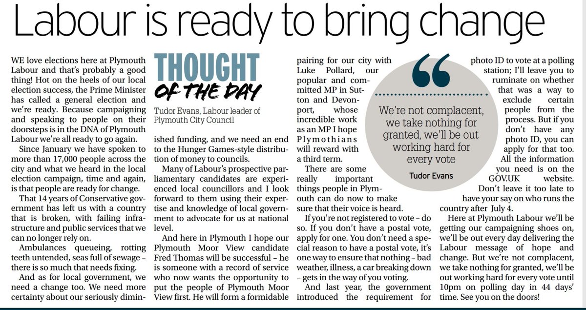 Good to see <a href="/CouncillorTudor/">Tudor Evans</a>'s Thought of the Day in today's Herald focusing on how @plymouthlabour is ready for the general election, no complacency, no taking anyone for granted - we'll be out every day fighting for every single vote 🌹
<a href="/FredThomasUK/">Fred Thomas MP</a>
<a href="/LukePollard/">Luke Pollard MP</a> <a href="/Plymouth_Live/">Plymouth Live</a>