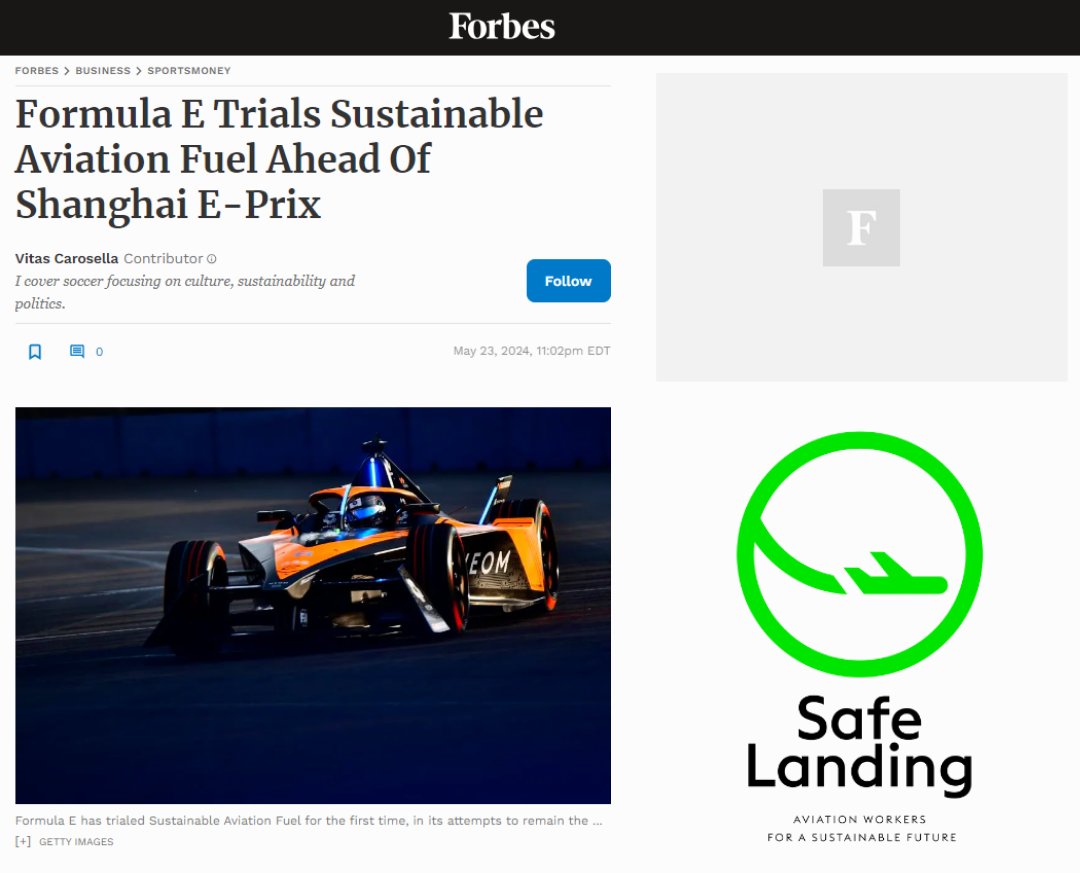 🚗 The <a href="/FIAFormulaE/">Formula E</a> just trialled its first use of so-called “Sustainable Aviation Fuel” (SAF).

👨‍✈️ The use of SAF is not scalable. Our resources should be put to better use to effectively combat climate change.

👀 We're featured in this <a href="/Forbes/">Forbes</a> article: safe-landing.org/forbes-formula…