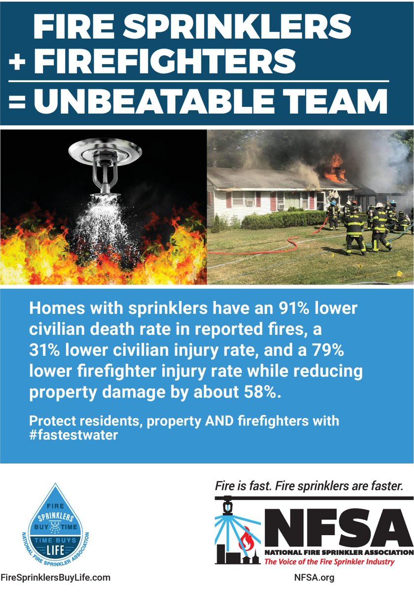 #FastestwaterFriday Fact: Fire Sprinklers activate usually in 1-3 minutes. Avg response time in the US for fire depts is 6-9 minutes. Get water on that fire the fastest way possible! Sprinklers work hand in hand w/#firefighters! Build w/ #firesprinklers! firesprinklersbuylife.com