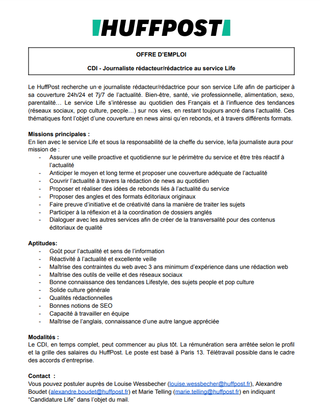 Marie Telling (@marietelling) on Twitter photo On recrute pour un poste de journaliste Life dans mon service au <a href="/LeHuffPost/">Le HuffPost</a> ! Pour postuler, toutes les infos par ici ⬇️ On recrute pour un poste de journaliste Life dans mon service au <a href="/LeHuffPost/">Le HuffPost</a> ! Pour postuler, toutes les infos par ici ⬇️