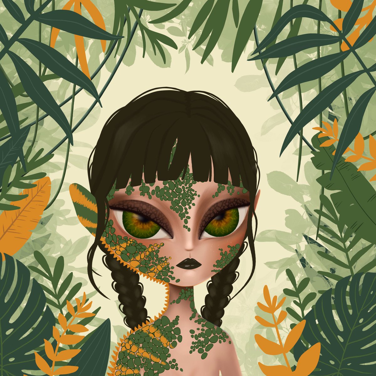 In the post-apocalyptic world, Vesper was reborn as the Chameleon Girl. Her ability to mimic her surroundings, taking on the hues and patterns around her, became her greatest asset. As an invaluable scout, she guided her group through treacherous terrains.<a href="/OGW_community/">OG Women/Apocalypse/WP</a> 
#nft