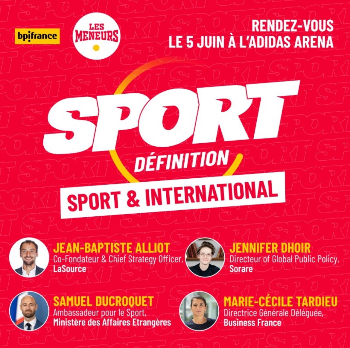 Heureux de vous retrouver le 5 juin à l’Adidas Arena à la conférence SPORT DEFINITION organisée par @bpi Hate d’intervenir, en excellente compagnie, dans l’une des tribunes incarnées par les décideurs du marché du sport : « le Sport et l’International »