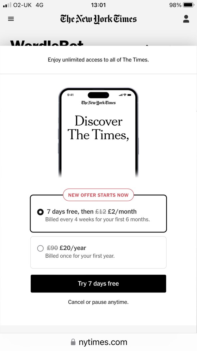 StevenRLevey's tweet photo. Thanks @nytimes now cannot access Wordle unless you take 7 day trial &amp; put bank details in!!  Very poor .. no way to remove ads unless you sign up! https://t.co/CBz0tUhVQf