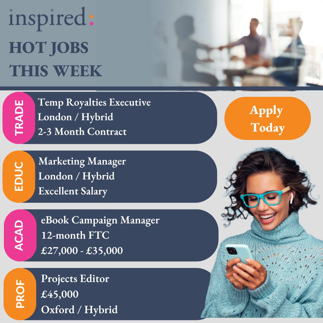 Check out this week's hottest new jobs from Inspired! Temp Royalties Executive: inspiredselection.com/jobs/jo0000015… Marketing Manager: inspiredselection.com/jobs/jo0000015… eBook Campaign Manager: inspiredselection.com/jobs/jo0000015… Projects Editor: inspiredselection.com/jobs/jo0000015… #WeAreInspired #JobsInPublishing #Hiring