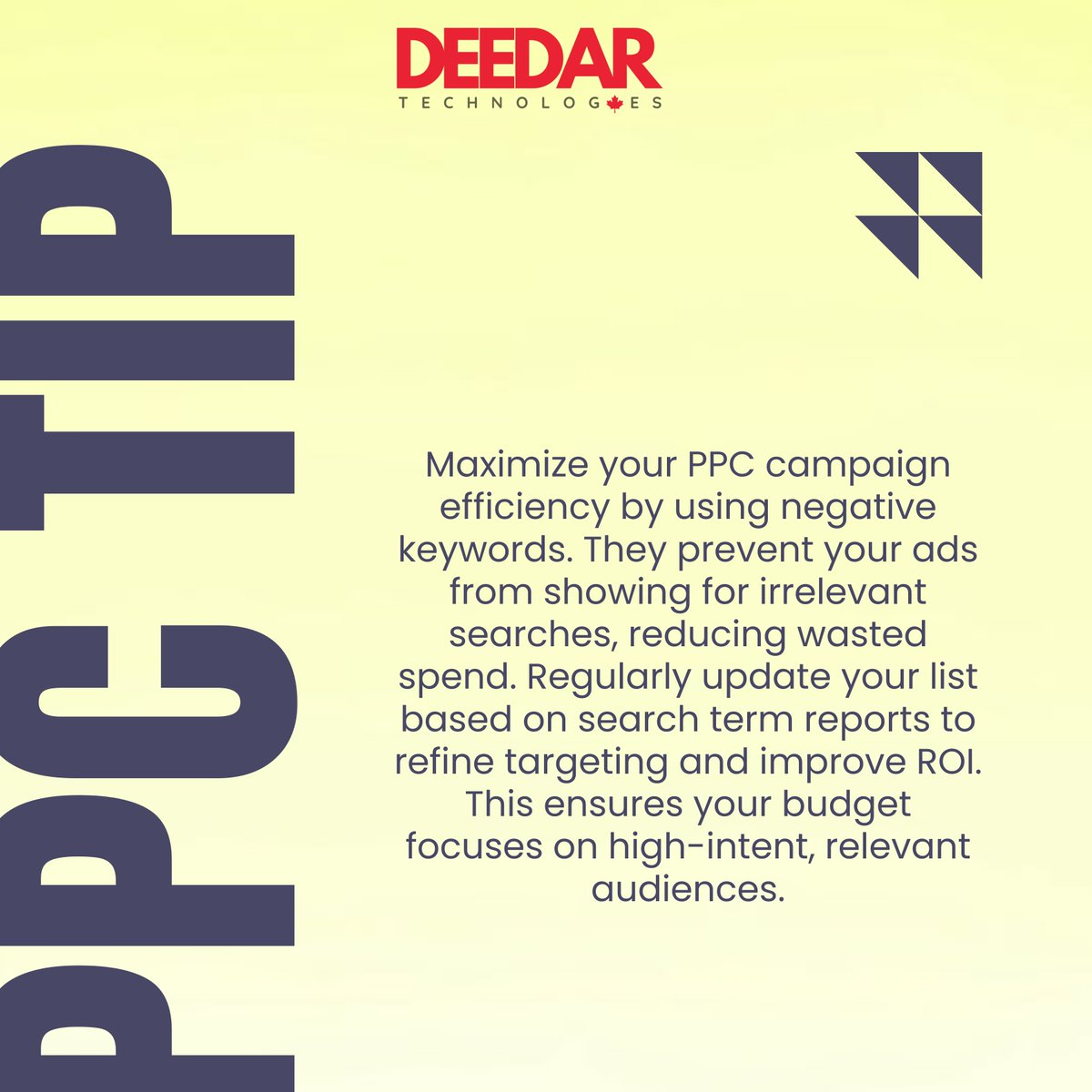 deedar_tech's tweet image. Boost PPC campaign efficiency with negative keywords. Exclude irrelevant searches, cutting wasted spend. Update list from search term reports to refine targeting, improving ROI and focusing budget on high-intent, relevant audiences.

#DeedarTechnologies #PPC #PPCTip #PPCTips #Pay