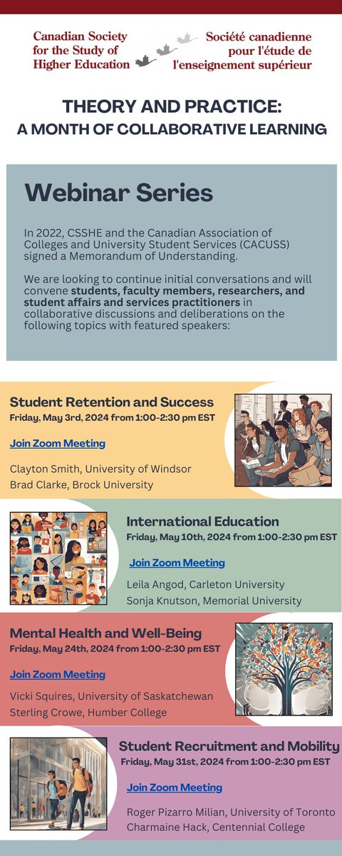 Join us today for our Mental Health and Well-Being session featuring Vicki Squires, University of Saskatchewan and Sterling Crowe, Humber College. Moderator: Kathleen Clarke, Wilfrid Laurier University.  
csshe-scees.ca/csshe-webinar-… 

#SaCdn, #CdnPSE, #Cdnimm, @cacusstweets, @AACUSS,