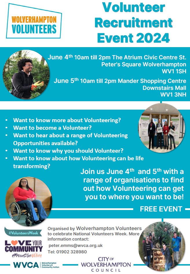 Come and join us Volunteers Week 4th & 5th June! More info peter.emms@wvca.org.uk Please share 😊

@WtonVCA @WolvesCouncil @ManderCentre @WolvesMayor @EnjoyWolvesCity @CommunityOffer @SUITeam  

#Proud2BWolves #Proud2beWolves
