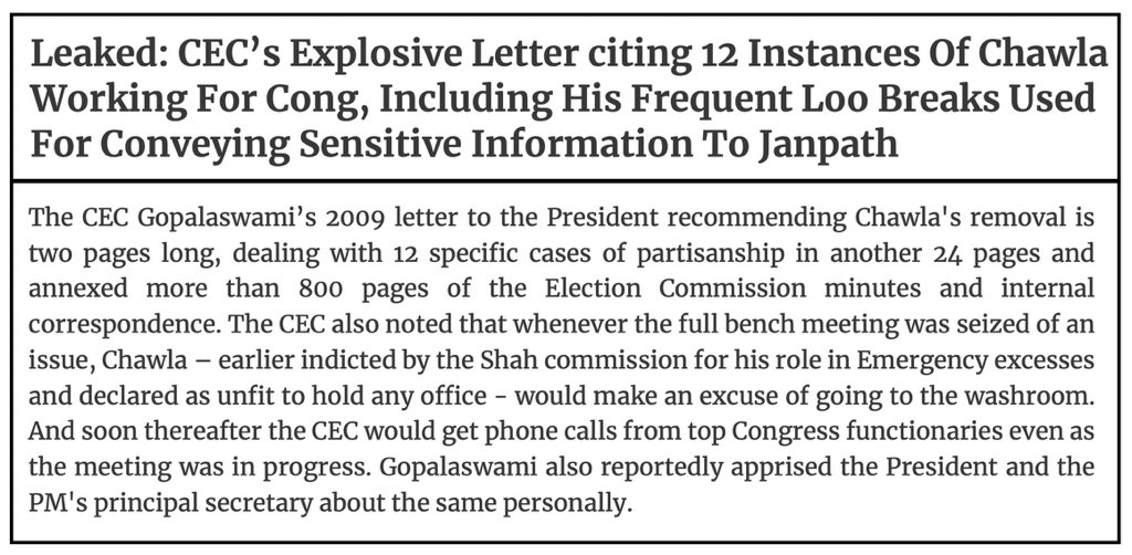 So safe and secure was Democracy under the Congress that, when CEC Gopalaswami demanded that the President remove EC Navin Chawla, the President - who used to cook for Indira Gandhi - not only refused to act, she made Chawla the CEC, just in time to oversee the 2009 elections.